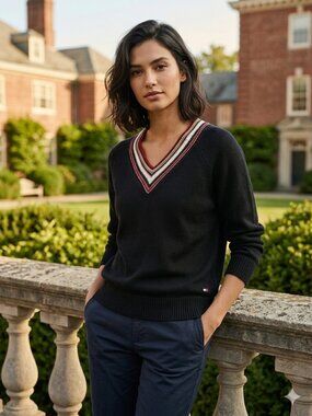 Tommy Hilfiger Women's Black V-Neck Varsity Stripe Sweater - Size L - Cotton Bl